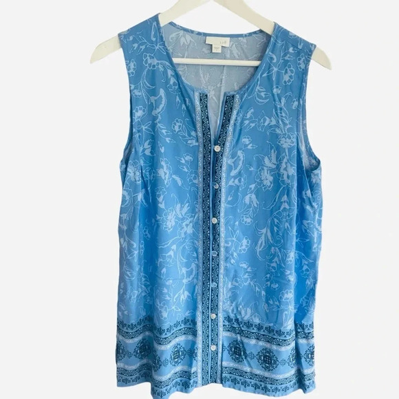 J.Jill Blue Tank Tunic Blouse Size Small Boho Blue Floral Sleeveless - Picture 1 of 7